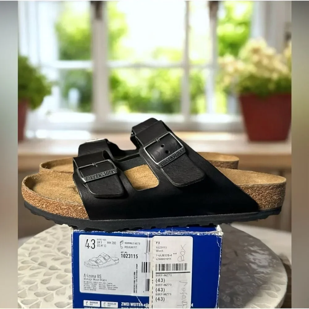 Birkenstock Arizona Grip Premium Leather Sandals Black Vintage Wood Unisex 43 EU
